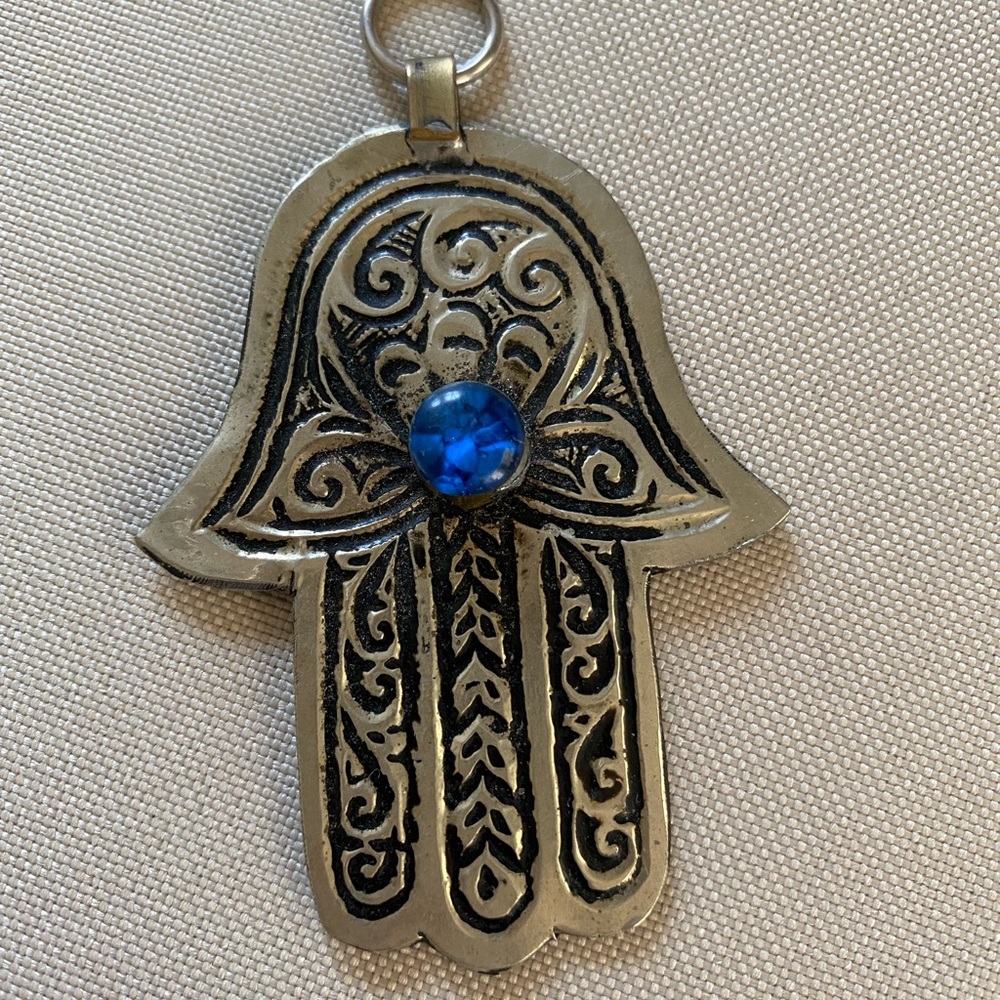 Sterling silver Hamsa charm with blue stone